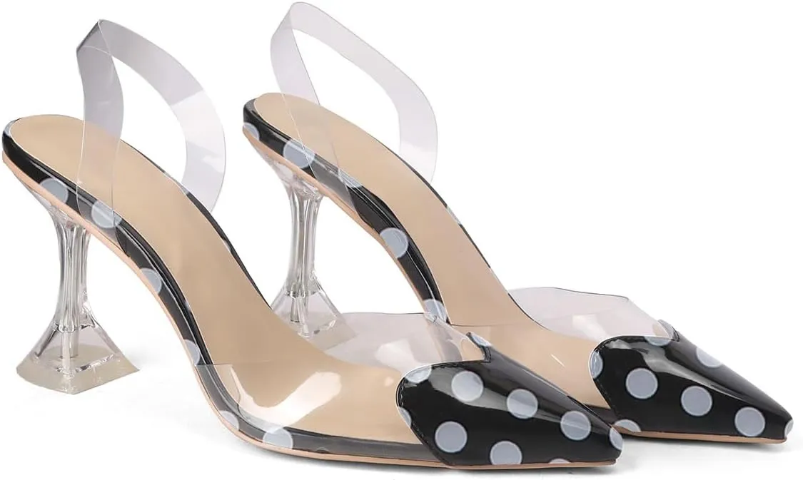 Women's Pointed Toe Cute Heart Kitten Clear Heels Transparent PVC Patent Leather Splicing Slingback Mid Heel Pumps Wedding Office Party Dressy Heeled Sandals for Women