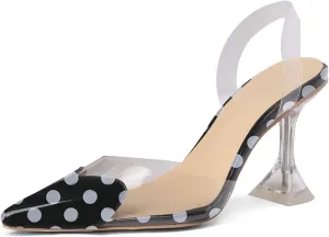 Women's Pointed Toe Cute Heart Kitten Clear Heels Transparent PVC Patent Leather Splicing Slingback Mid Heel Pumps Wedding Office Party Dressy Heeled Sandals for Women