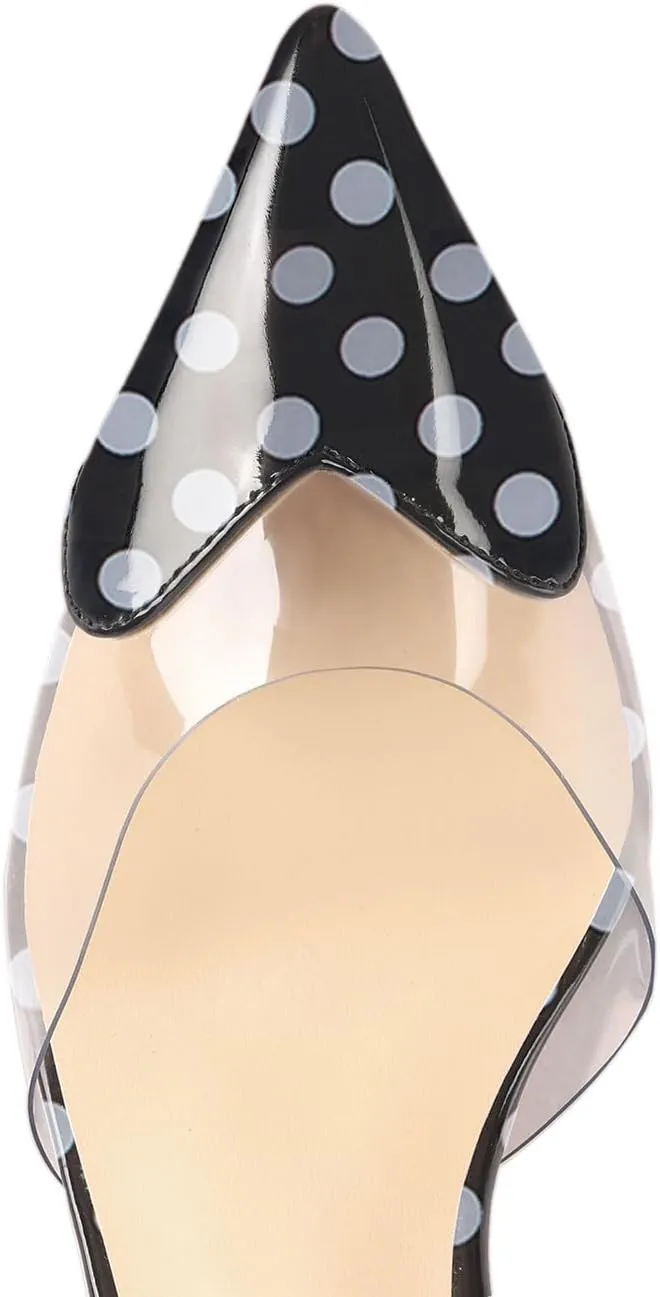 Women's Pointed Toe Cute Heart Kitten Clear Heels Transparent PVC Patent Leather Splicing Slingback Mid Heel Pumps Wedding Office Party Dressy Heeled Sandals for Women