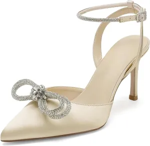 Women's Pointed Toe High Stilettos Satin Ankle Strap Crystal Pumps Wedding Bridal Party Dress Heeled Sandals