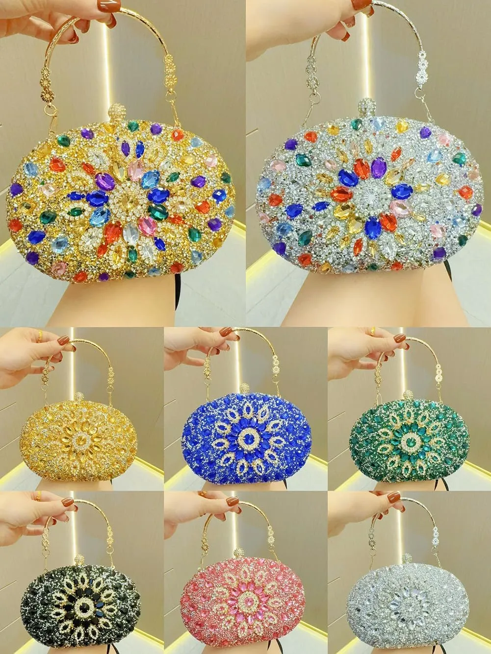 Women's Rhinestone Clutch Purse Crystal Detachable Handle Evening Bag Elegant Wedding Prom Club Cocktail Party Handbag