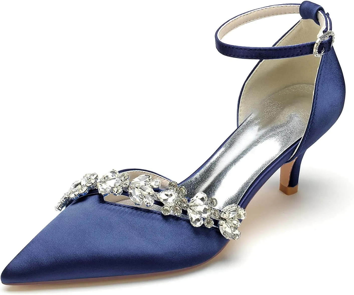 Women's Rhinestones Kitten Heel Pumps Shoes Pointed Toe Crystal Wedding Shoes Ankle Straps Prom Evening Dress Shoes