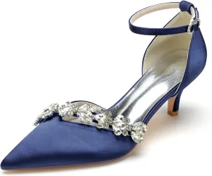 Women's Rhinestones Kitten Heel Pumps Shoes Pointed Toe Crystal Wedding Shoes Ankle Straps Prom Evening Dress Shoes