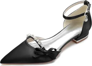 Women's Satin Crystal Wedding Flats Pump Shoes for Bride Pointed Toe Prom Evening Party Dress Flats