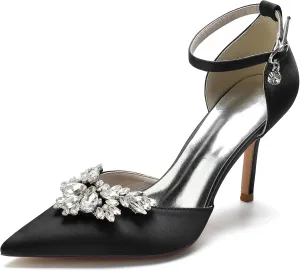 Women's Satin Pointed Toe Crystal Flower Ankle Strap 3.35in High Heel Stiletto Pumps Wedding Dress Shoes