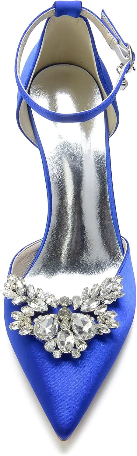 Women's Satin Pointed Toe Crystal Flower Ankle Strap 3.35in High Heel Stiletto Pumps Wedding Dress Shoes