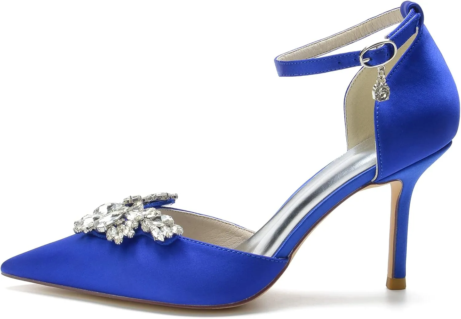 Women's Satin Pointed Toe Crystal Flower Ankle Strap 3.35in High Heel Stiletto Pumps Wedding Dress Shoes