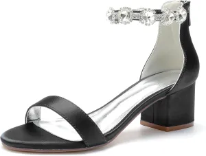 Women's Satin Wedding Shoes for Bride Block Heels Crystal Bridal Shoes Low Heels Prom Shoes 702-26