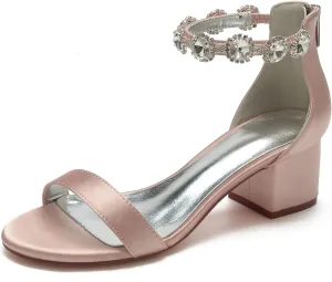 Women's Satin Wedding Shoes for Bride Block Heels Crystal Bridal Shoes Low Heels Prom Shoes 702-26