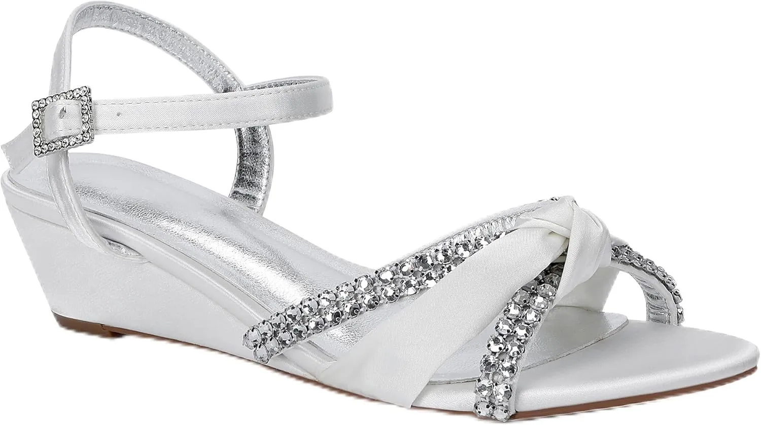 Women's Satin Wedge Sandals Rhinestone Bowknot Wedding Party Shoes with Crystal Ear stud