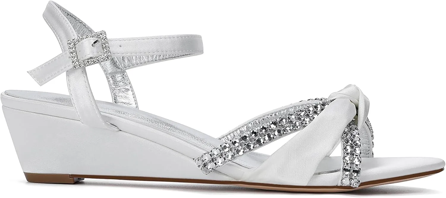 Women's Satin Wedge Sandals Rhinestone Bowknot Wedding Party Shoes with Crystal Ear stud