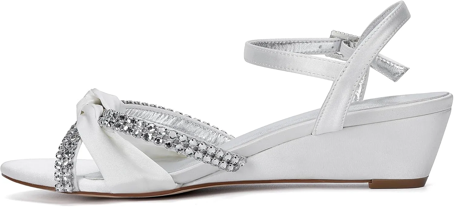 Women's Satin Wedge Sandals Rhinestone Bowknot Wedding Party Shoes with Crystal Ear stud