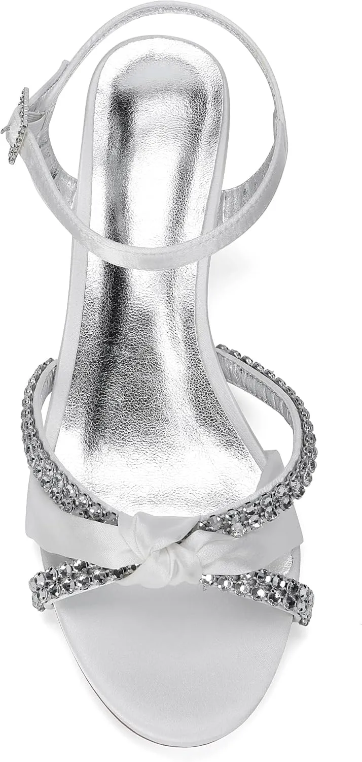 Women's Satin Wedge Sandals Rhinestone Bowknot Wedding Party Shoes with Crystal Ear stud
