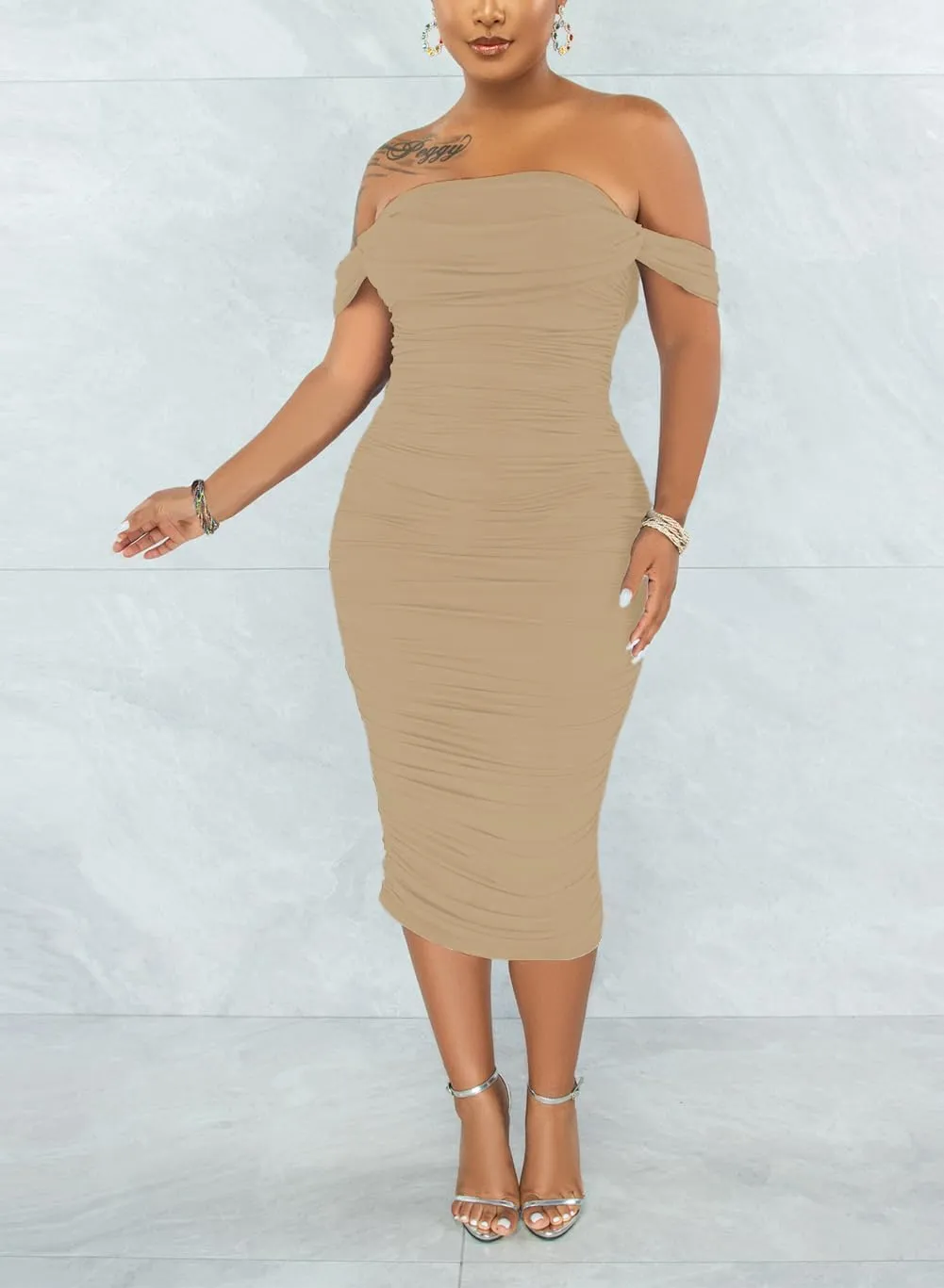 Women's Sexy Off Shoulder Sleeveless Bodycon Ruched Midi Elegant Cocktail Evening Party Night Tube Dresses