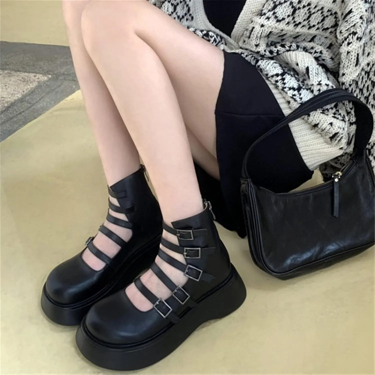 Womens Shoes Women Split Leather Chunky Platform Pumps Spring Fall Date Buckle