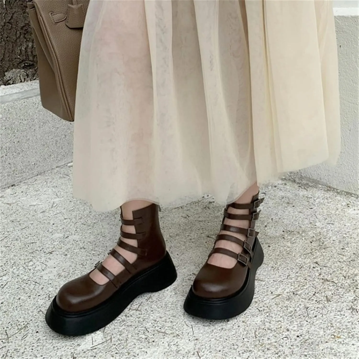 Womens Shoes Women Split Leather Chunky Platform Pumps Spring Fall Date Buckle