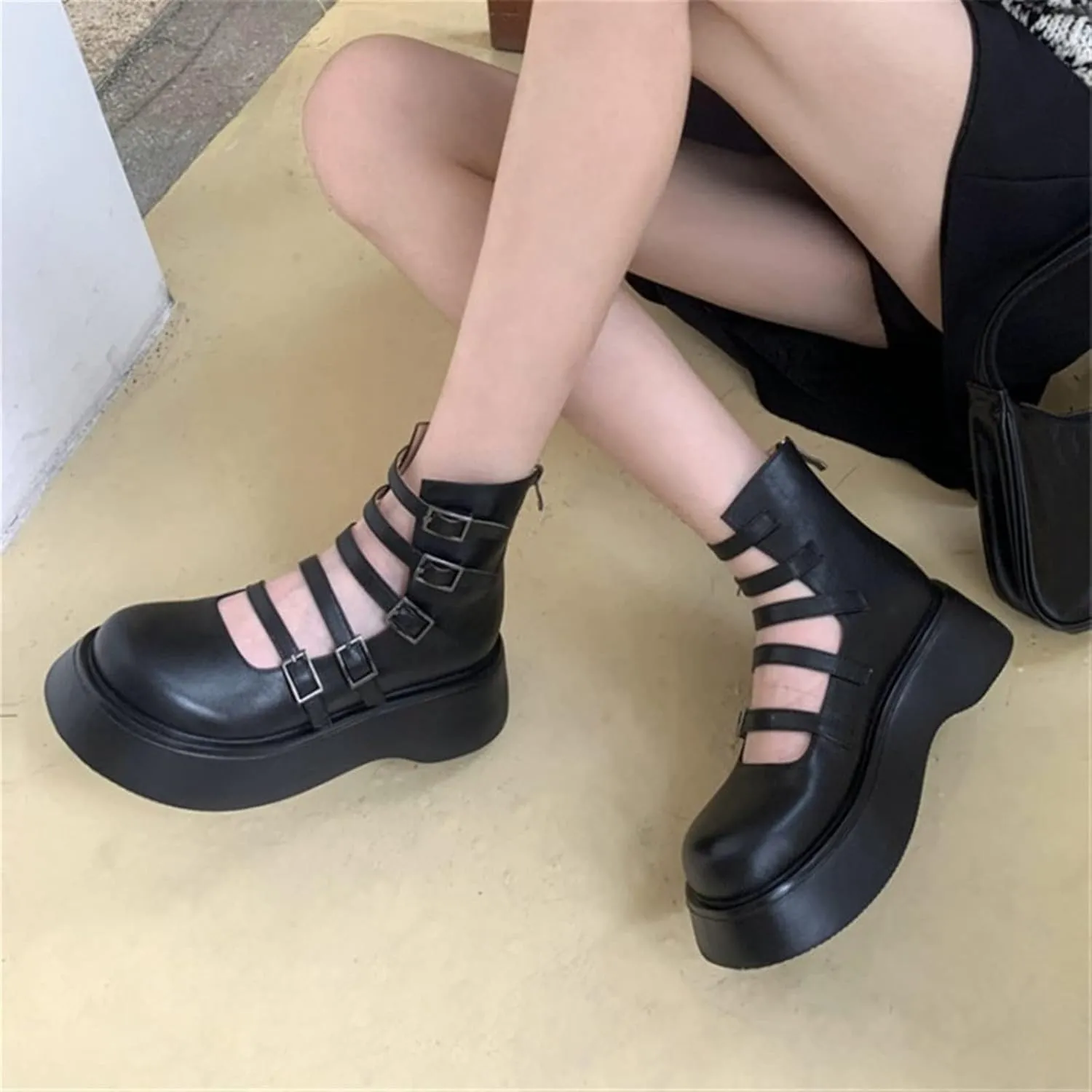 Womens Shoes Women Split Leather Chunky Platform Pumps Spring Fall Date Buckle