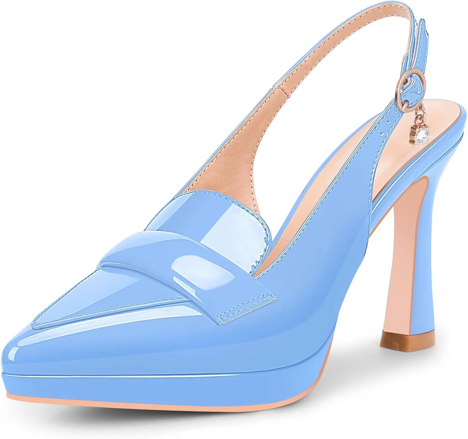 Women's Slingback High Heel Pointed Toe Platform Pumps Buckle Strap Patent Leather Dress Shoes
