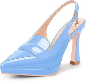 Women's Slingback High Heel Pointed Toe Platform Pumps Buckle Strap Patent Leather Dress Shoes
