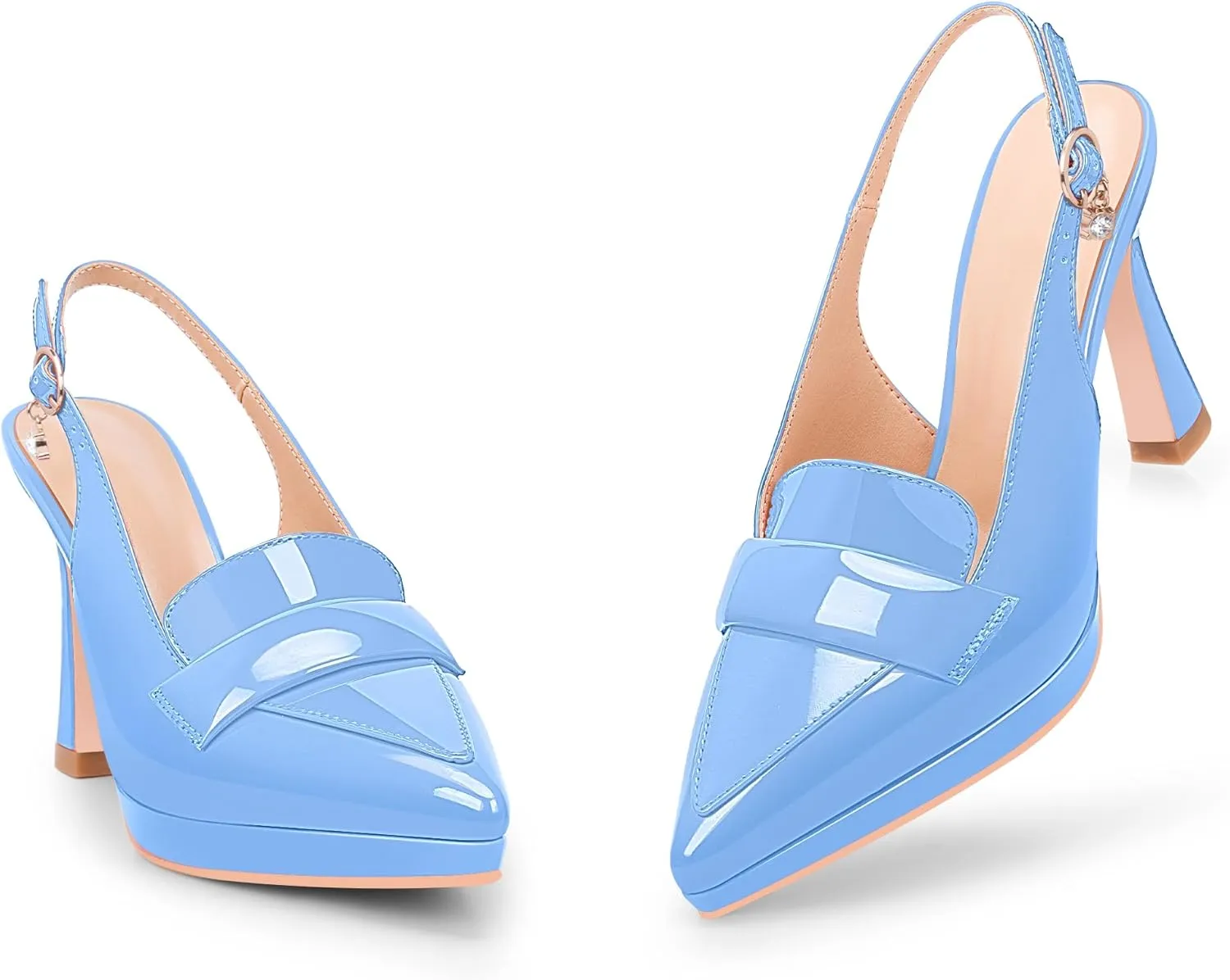 Women's Slingback High Heel Pointed Toe Platform Pumps Buckle Strap Patent Leather Dress Shoes