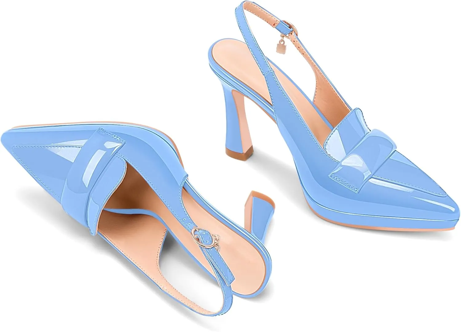 Women's Slingback High Heel Pointed Toe Platform Pumps Buckle Strap Patent Leather Dress Shoes