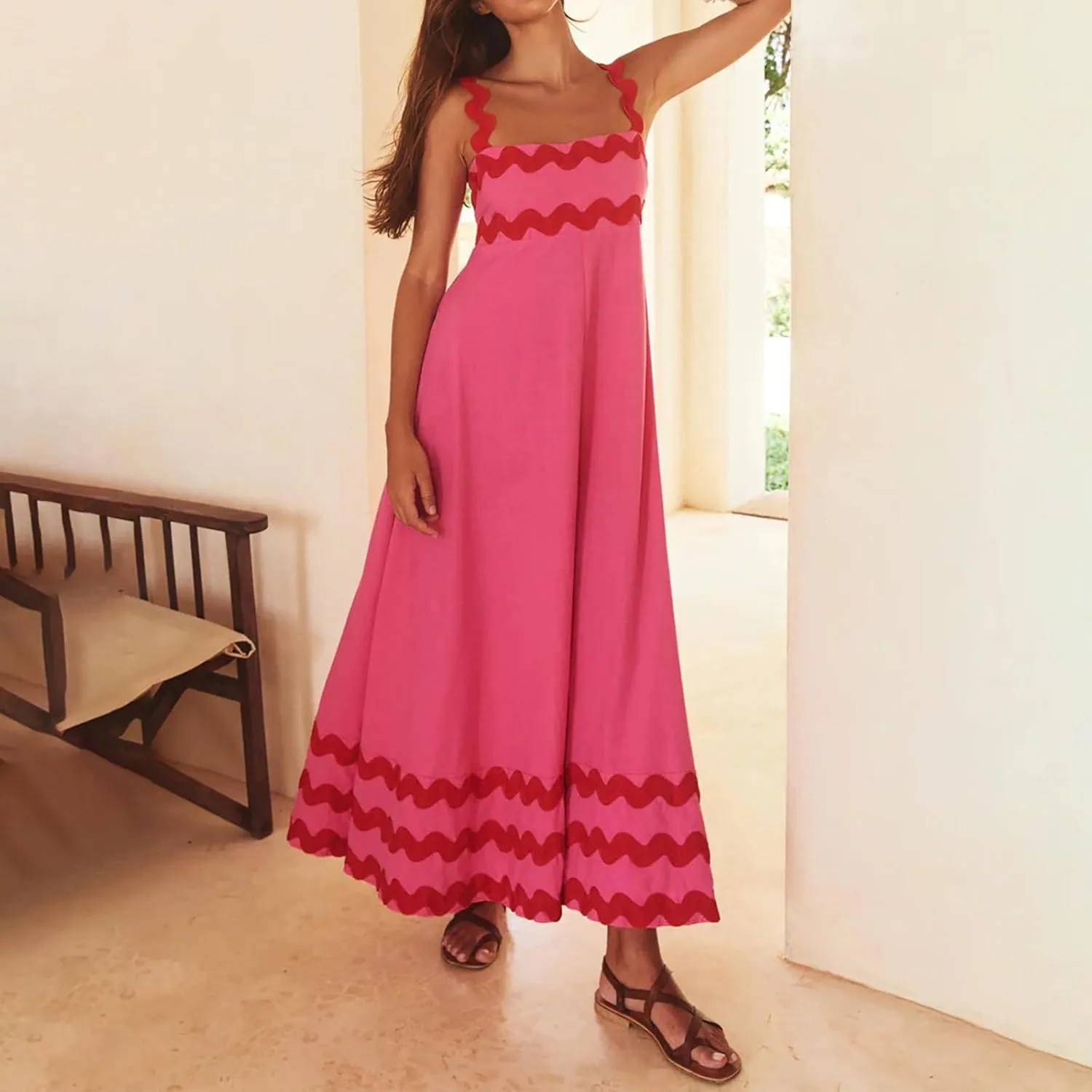 Womens Spaghetti Strap Sleeveless Rickrack Trim Dress Summer Casual Comfy A-Line Maxi Dress Vocation Flowy Long Dress