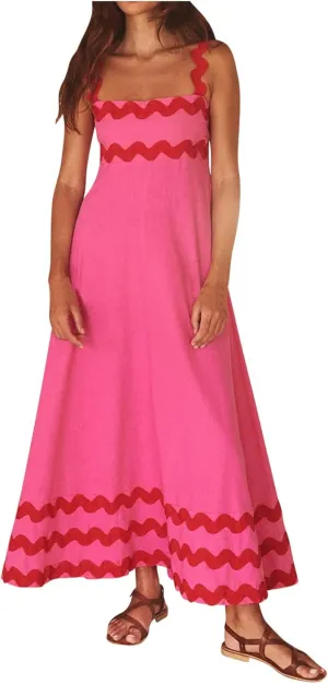 Womens Spaghetti Strap Sleeveless Rickrack Trim Dress Summer Casual Comfy A-Line Maxi Dress Vocation Flowy Long Dress