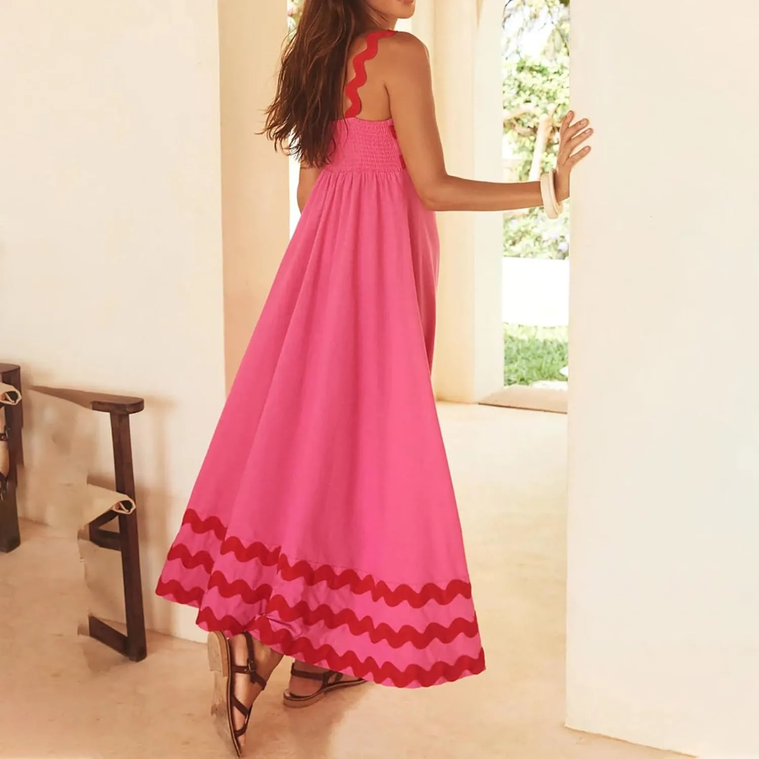 Womens Spaghetti Strap Sleeveless Rickrack Trim Dress Summer Casual Comfy A-Line Maxi Dress Vocation Flowy Long Dress