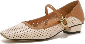 Women's Square Toe Soft Genuine Leather with Holes Handmade Belt Buckle Low Chunky Heels