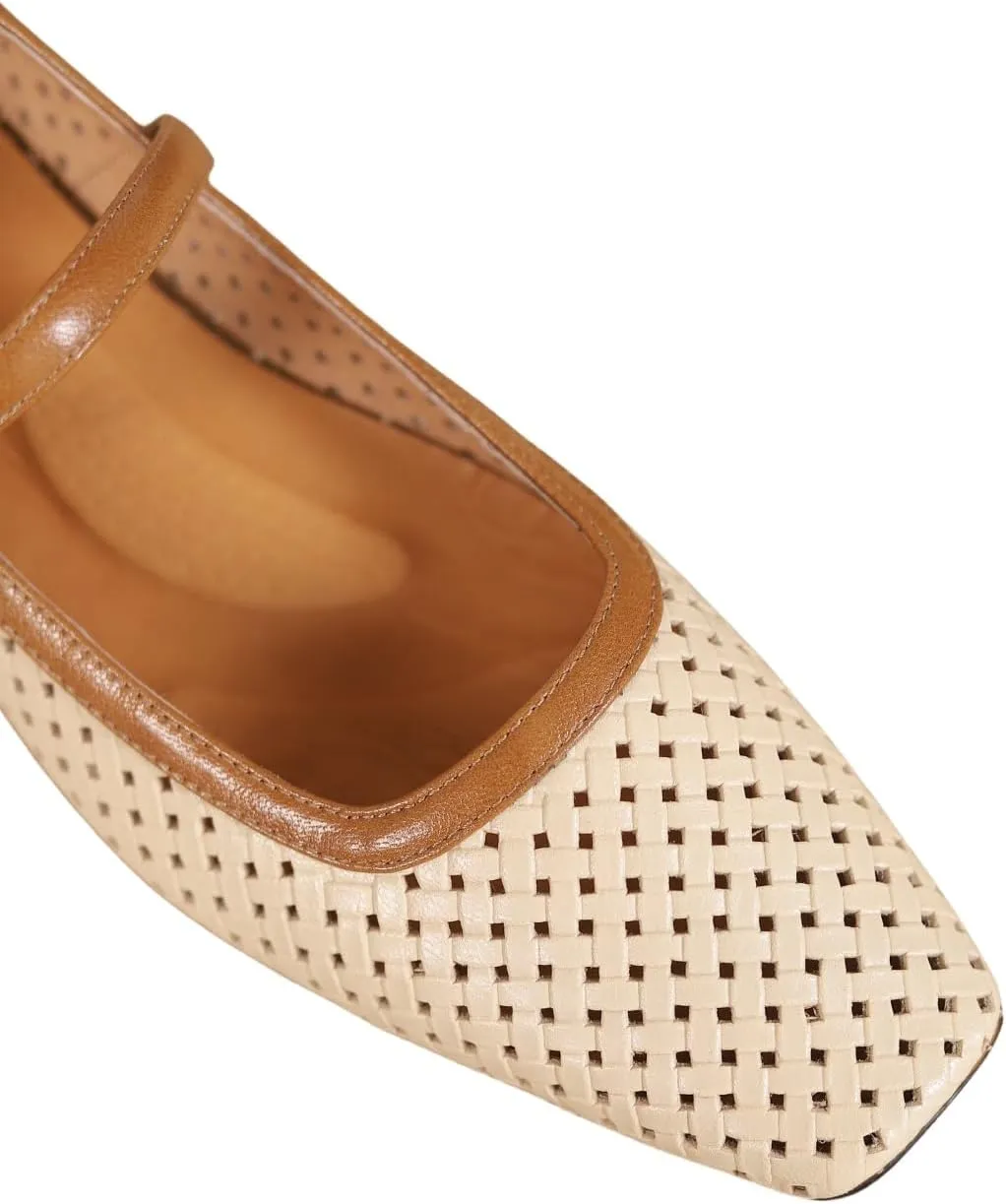 Women's Square Toe Soft Genuine Leather with Holes Handmade Belt Buckle Low Chunky Heels
