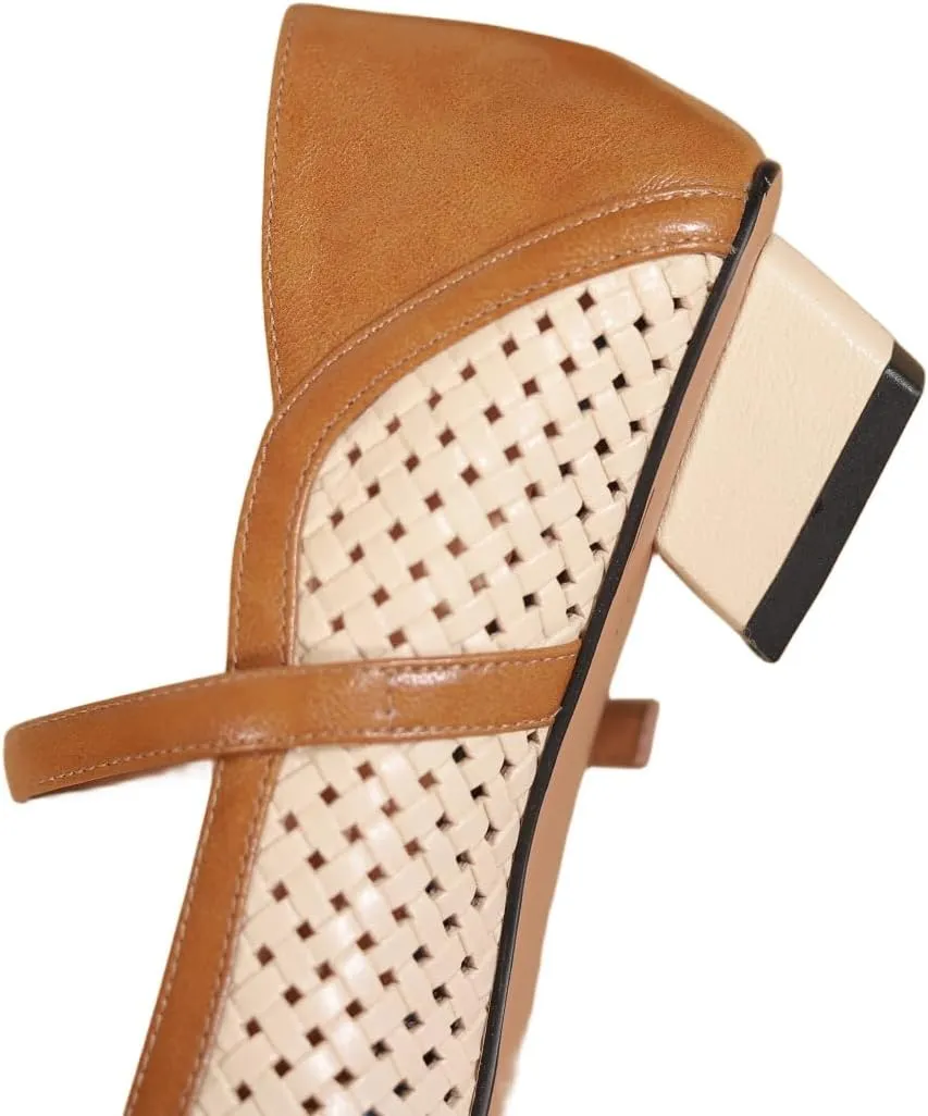 Women's Square Toe Soft Genuine Leather with Holes Handmade Belt Buckle Low Chunky Heels