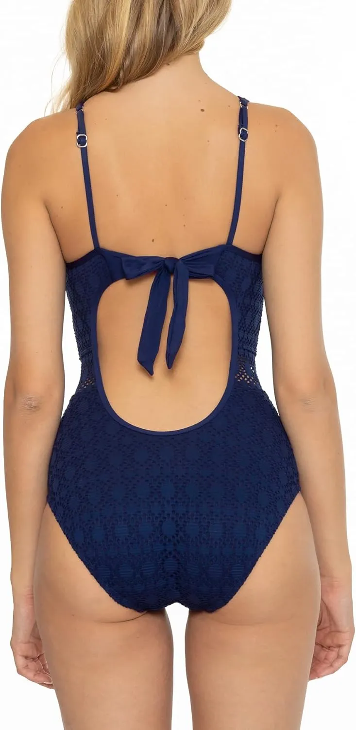 Women's Standard Heirloom High Neck One Piece Swimsuit, Adjustable, Tie Back, Crochet, Bathing Suits