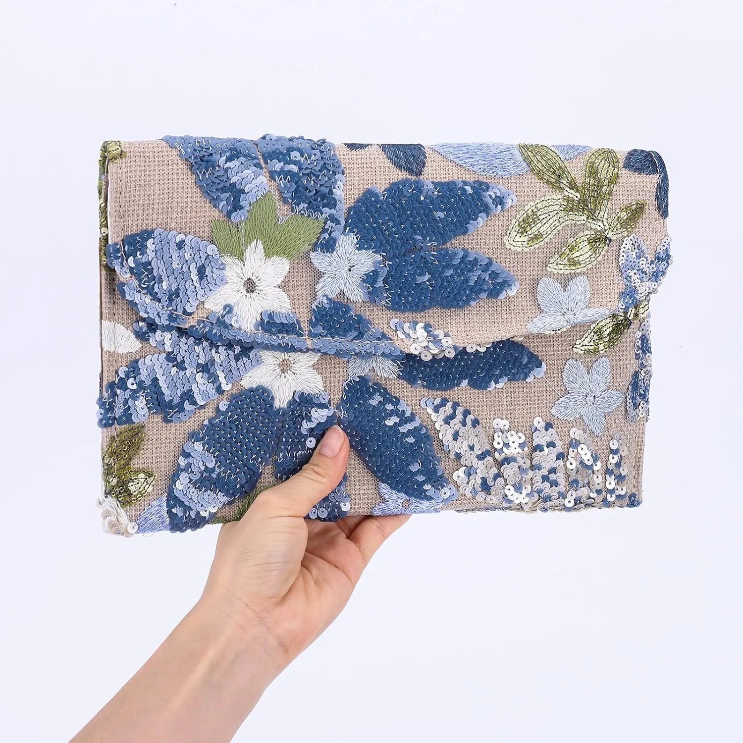 Women’s Straw Clutch Bag with Floral Embroidery and Sequins Elegant Evening Purse for Wedding Travel