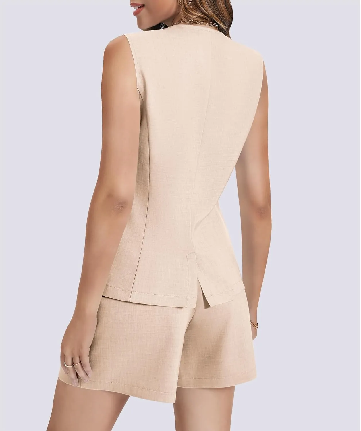 Women's Summer 2 Piece Outfits Sleeveless Round Neck Button Down High Waisted Pants Business Work Sets