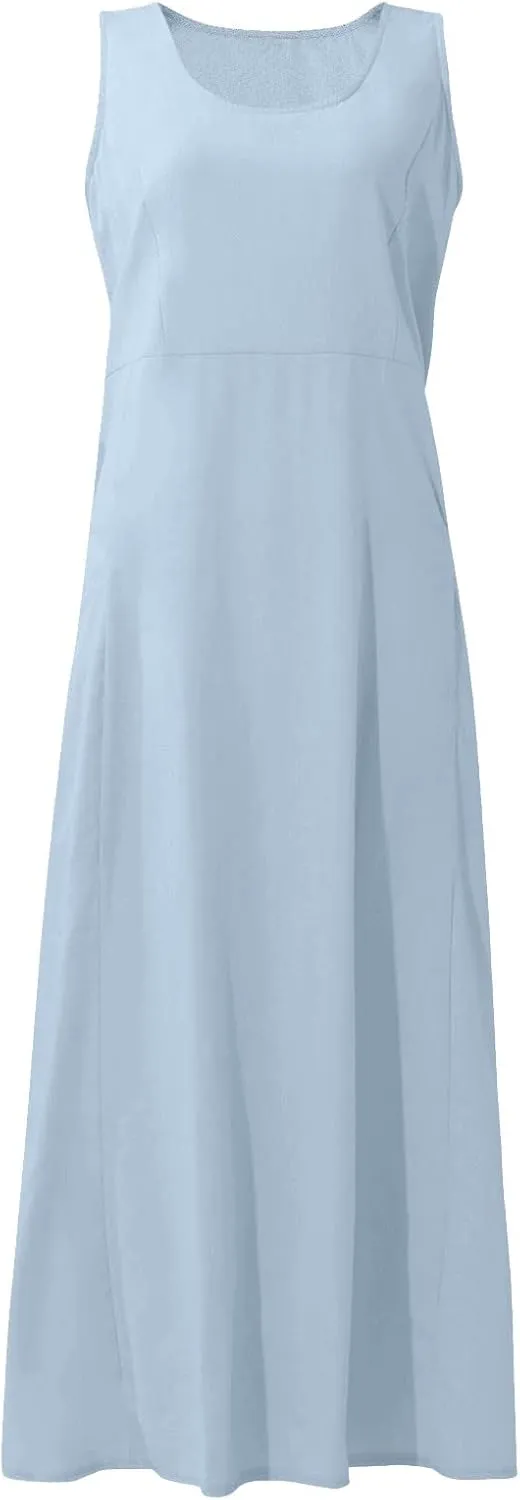 Women's Summer Cotton Linen Long Dress Sleeveless Elegant Flowy Dresses Plus Size Loose Comfy Dress with Pockets