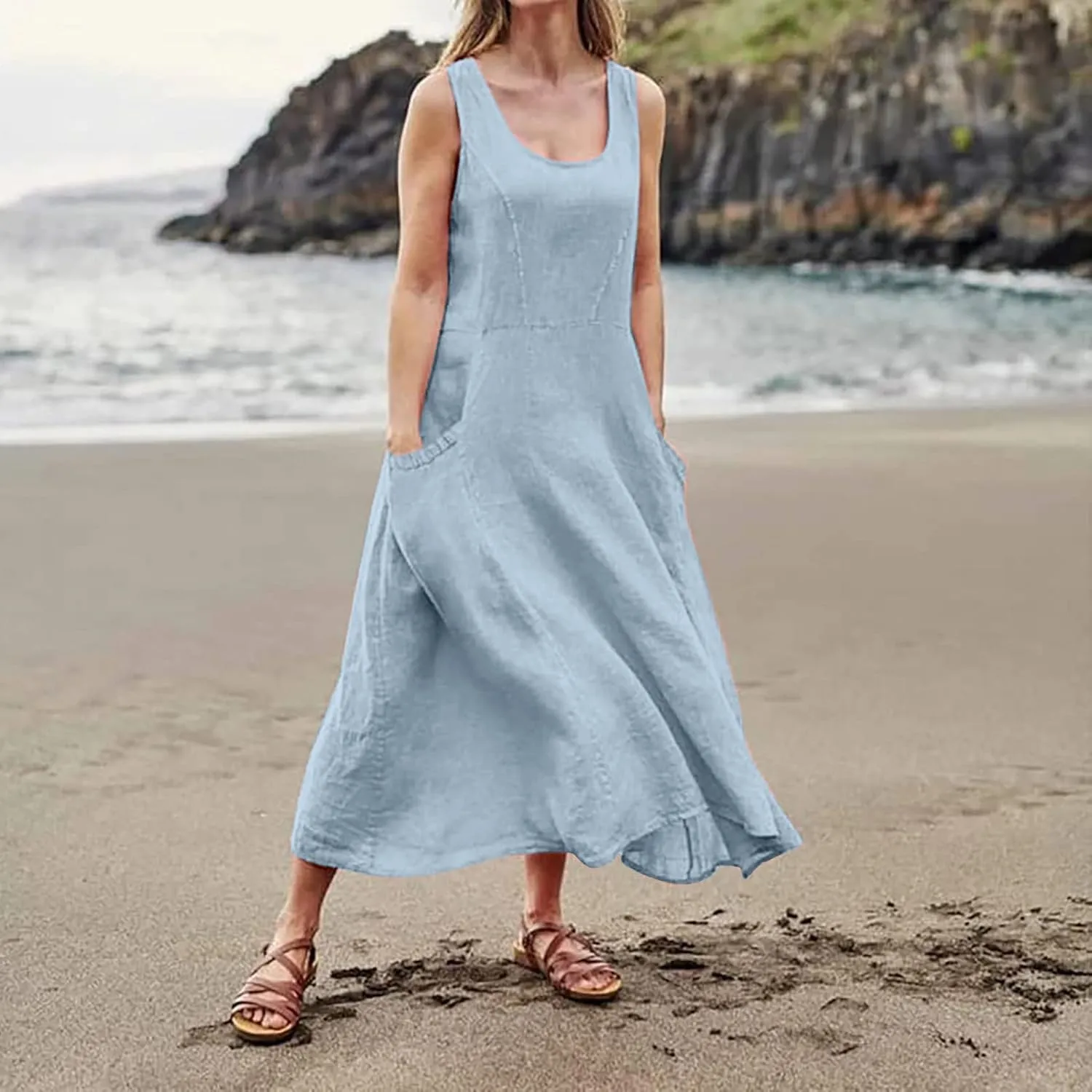 Women's Summer Cotton Linen Long Dress Sleeveless Elegant Flowy Dresses Plus Size Loose Comfy Dress with Pockets