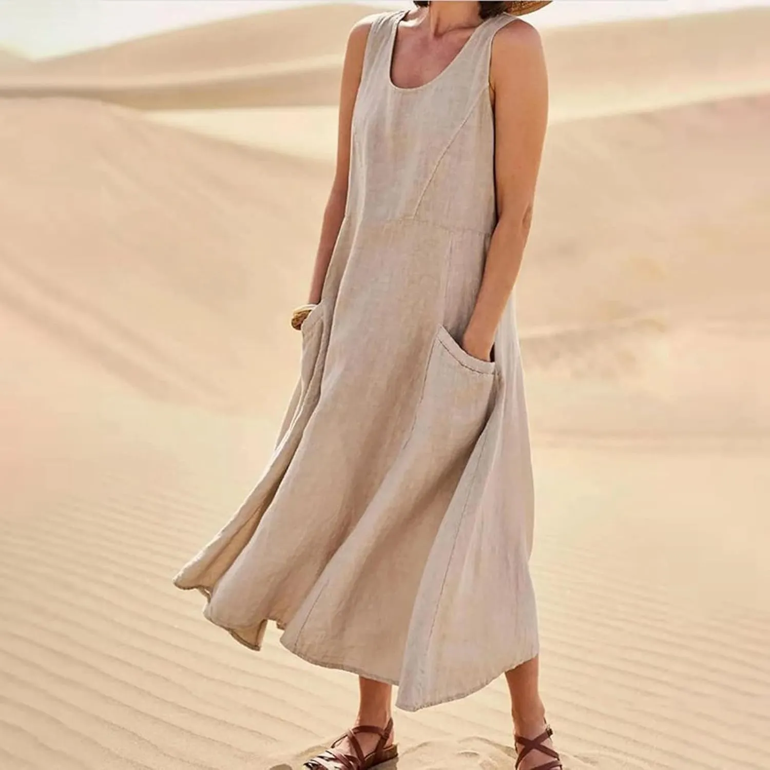 Women's Summer Cotton Linen Long Dress Sleeveless Elegant Flowy Dresses Plus Size Loose Comfy Dress with Pockets