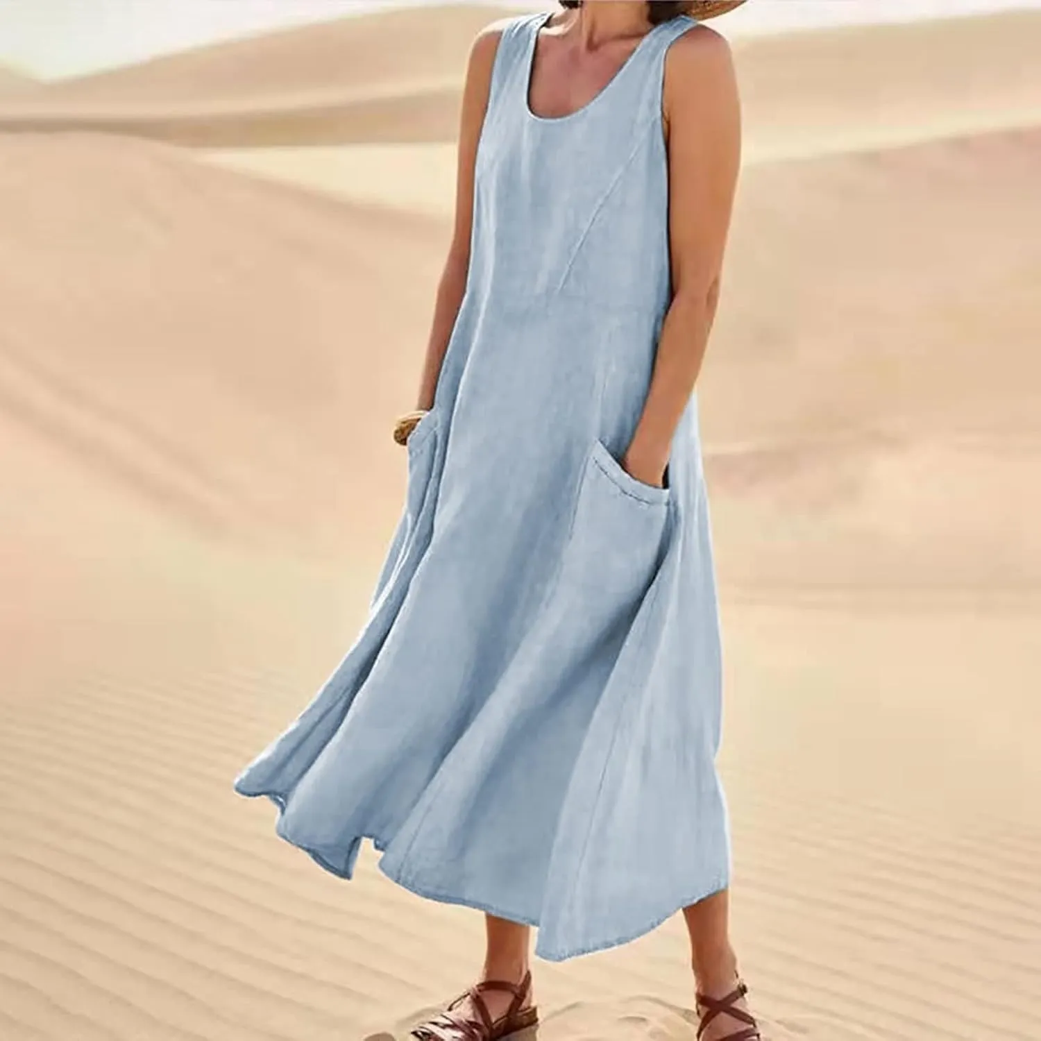 Women's Summer Cotton Linen Long Dress Sleeveless Elegant Flowy Dresses Plus Size Loose Comfy Dress with Pockets