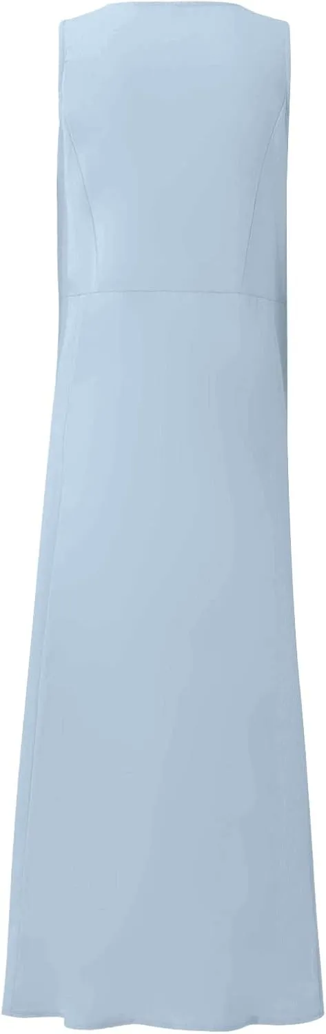 Women's Summer Cotton Linen Long Dress Sleeveless Elegant Flowy Dresses Plus Size Loose Comfy Dress with Pockets