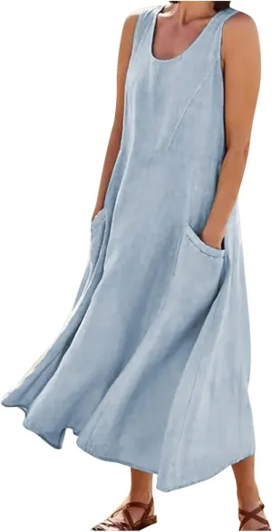Women's Summer Cotton Linen Long Dress Sleeveless Elegant Flowy Dresses Plus Size Loose Comfy Dress with Pockets