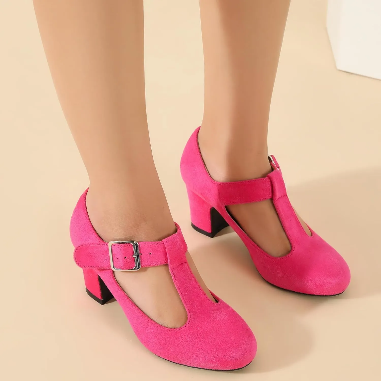 Women's T-Strap Mary Jane Pumps Low Block Chunky Heels Closed Round Toe Dress Wedding Office Work Shoes