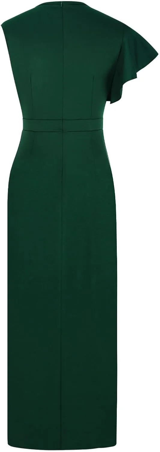 Women's Teal Ruffle Sleeve Maxi Dress with Side Slit Elegant Formal Gown for Evening Events Weddings Special Occasions