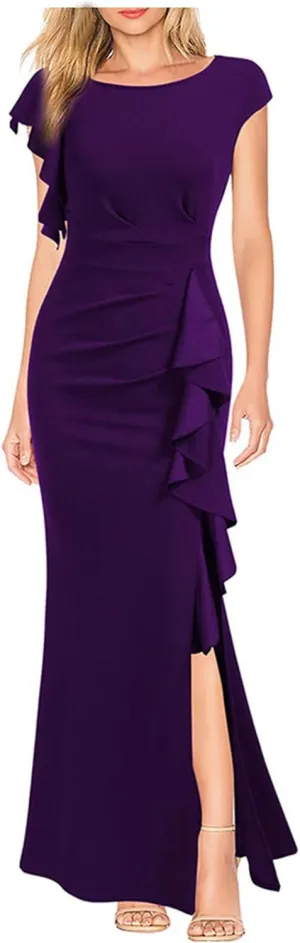 Women's Teal Ruffle Sleeve Maxi Dress with Side Slit Elegant Formal Gown for Evening Events Weddings Special Occasions