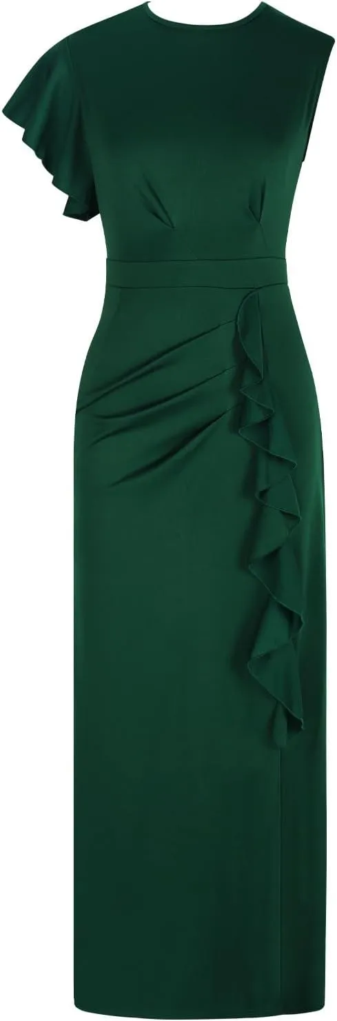 Women's Teal Ruffle Sleeve Maxi Dress with Side Slit Elegant Formal Gown for Evening Events Weddings Special Occasions
