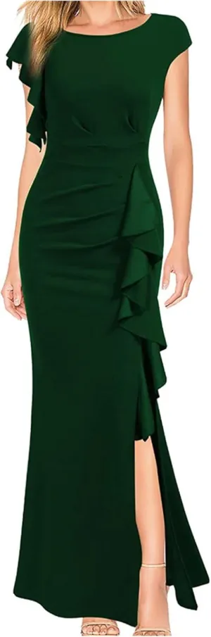 Women's Teal Ruffle Sleeve Maxi Dress with Side Slit Elegant Formal Gown for Evening Events Weddings Special Occasions