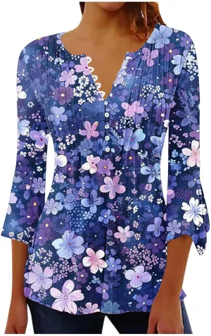 Womens Tops Dressy Casual 3/4 Sleeve Shirts Solid Color Tunic Tops Business Work Tops Pleated Swing T Shirts