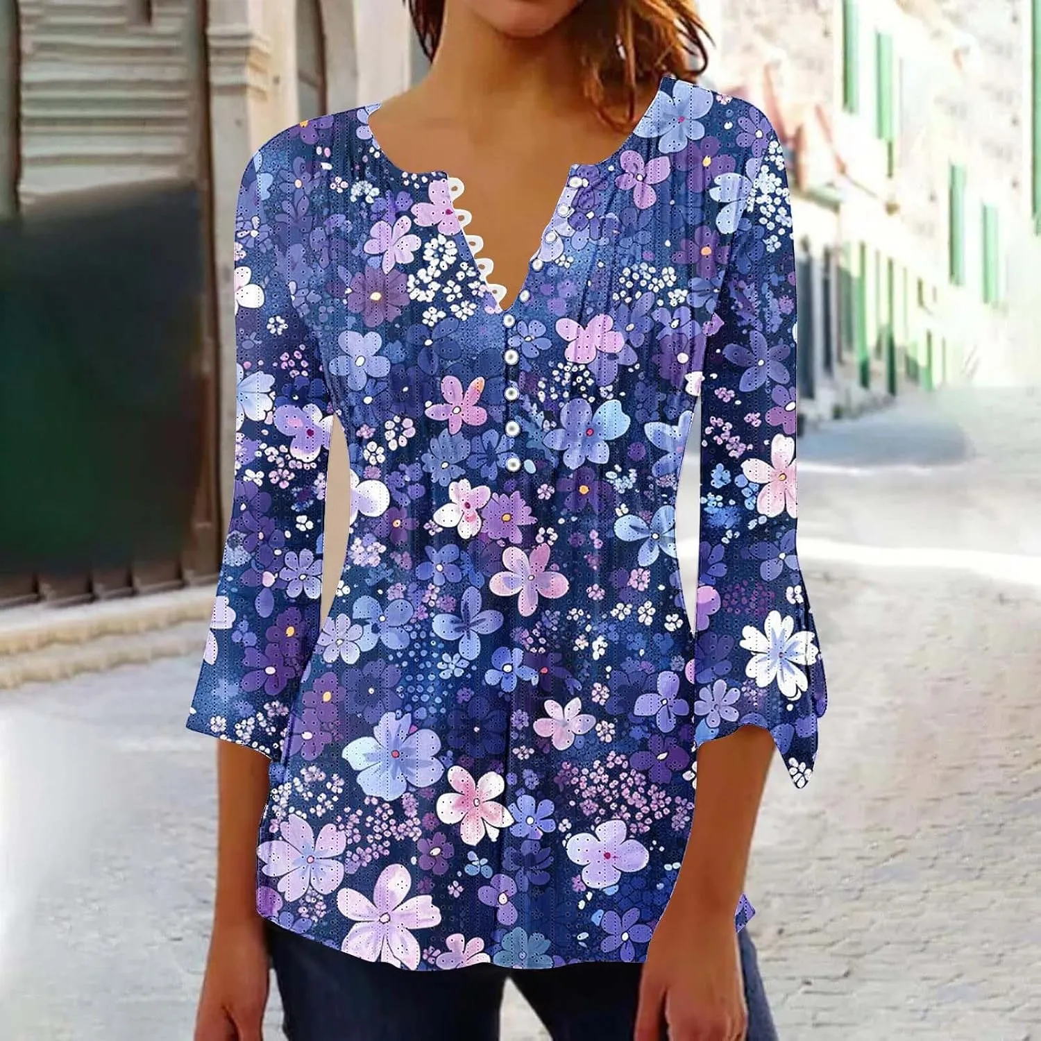 Womens Tops Dressy Casual 3/4 Sleeve Shirts Solid Color Tunic Tops Business Work Tops Pleated Swing T Shirts