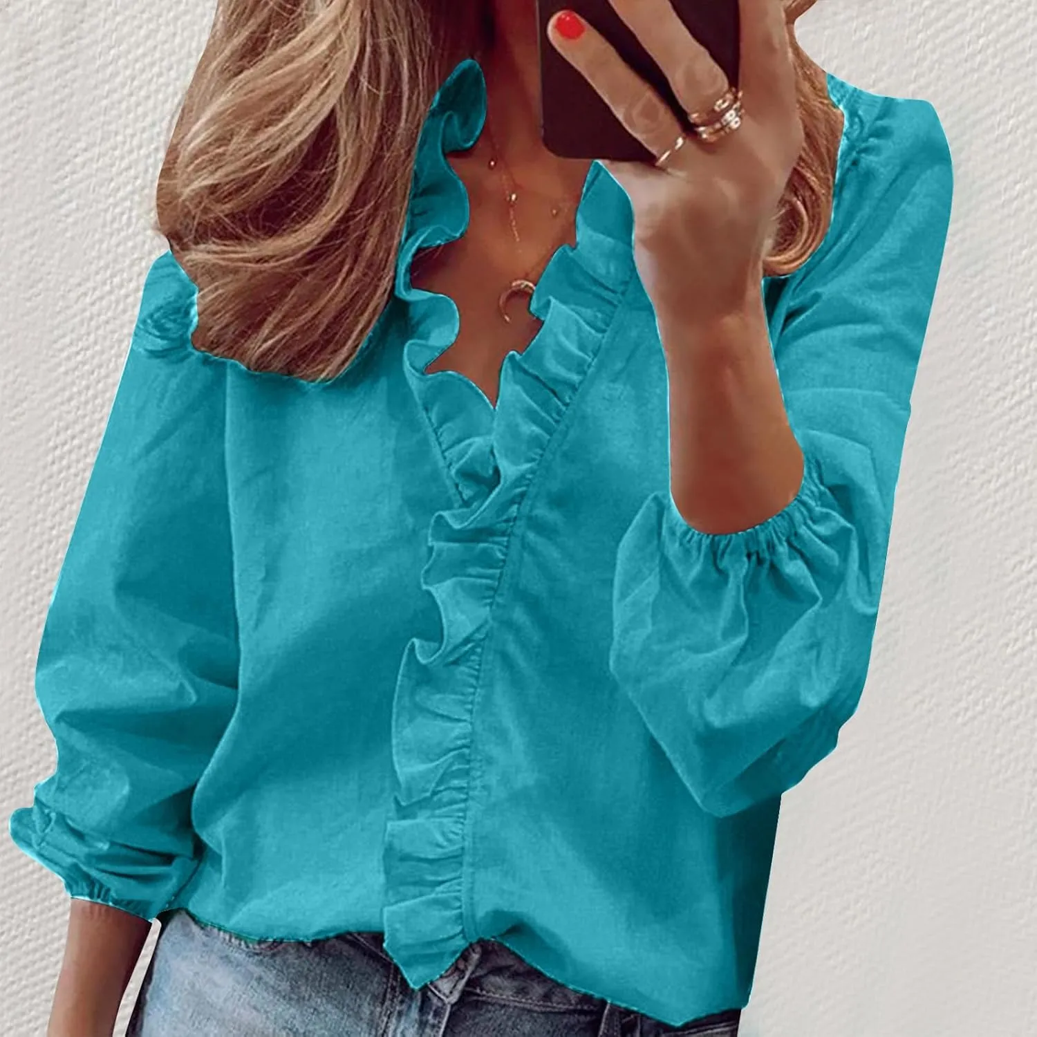 Womens Tops Long Sleeve Loose Fit Ruffle Hem V Neck Solid Button Down Shirt Causal Dressy Blouse Fall Outfits Clothes