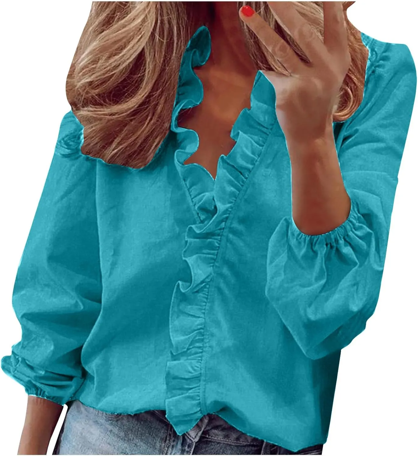 Womens Tops Long Sleeve Loose Fit Ruffle Hem V Neck Solid Button Down Shirt Causal Dressy Blouse Fall Outfits Clothes