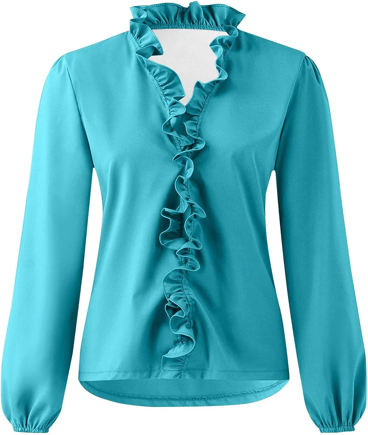 Womens Tops Long Sleeve Loose Fit Ruffle Hem V Neck Solid Button Down Shirt Causal Dressy Blouse Fall Outfits Clothes